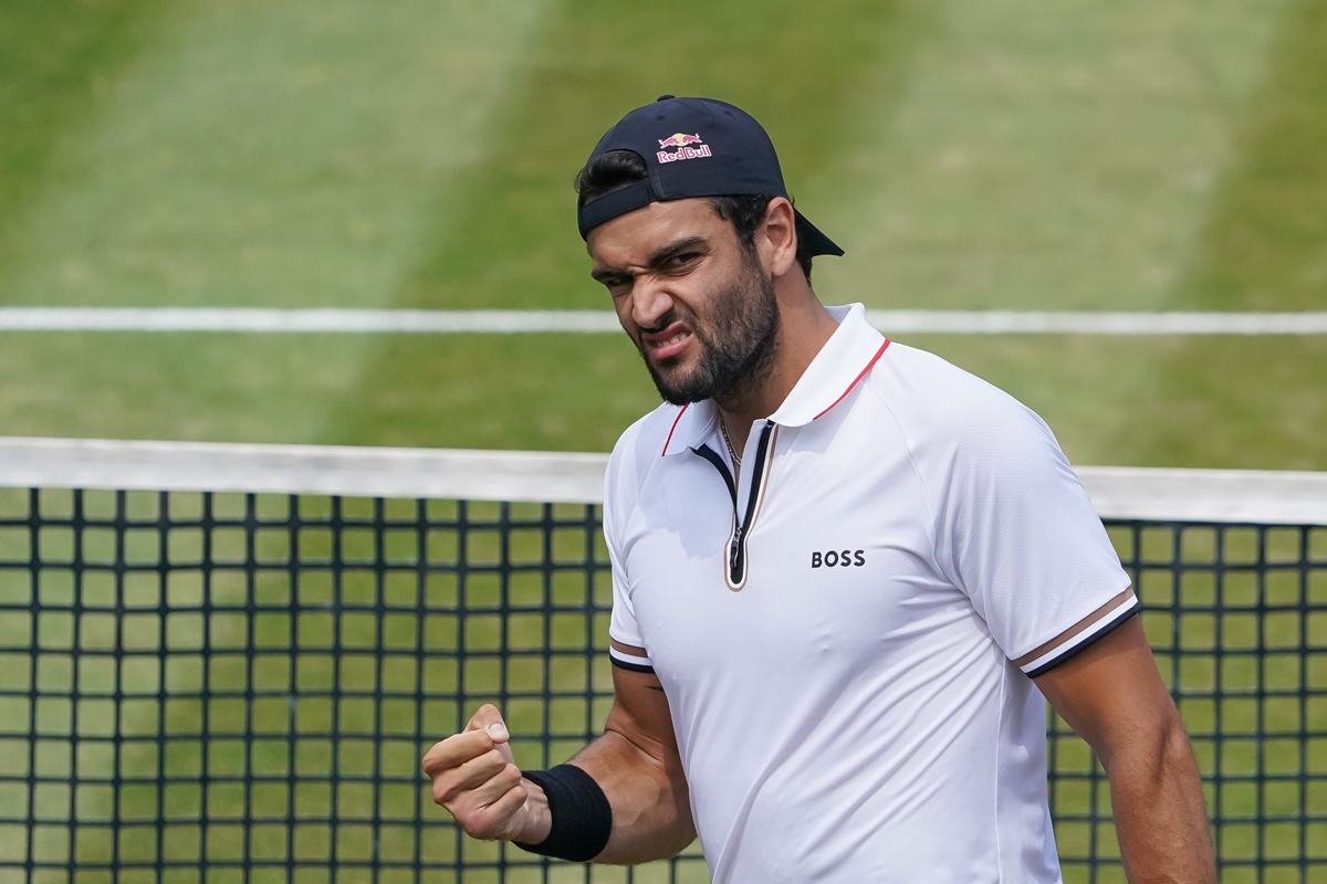 Italy's Matteo Berrettini celebrates winning his semi-final against Germany's Oscar Otte.