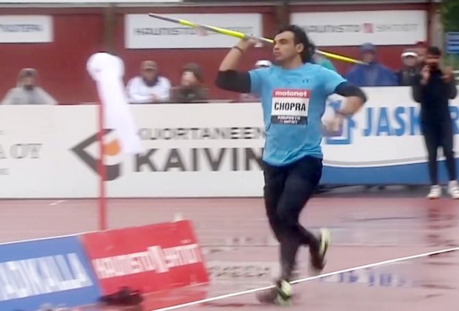 Neeraj Chopra in action at the Kuortane Games 2022.