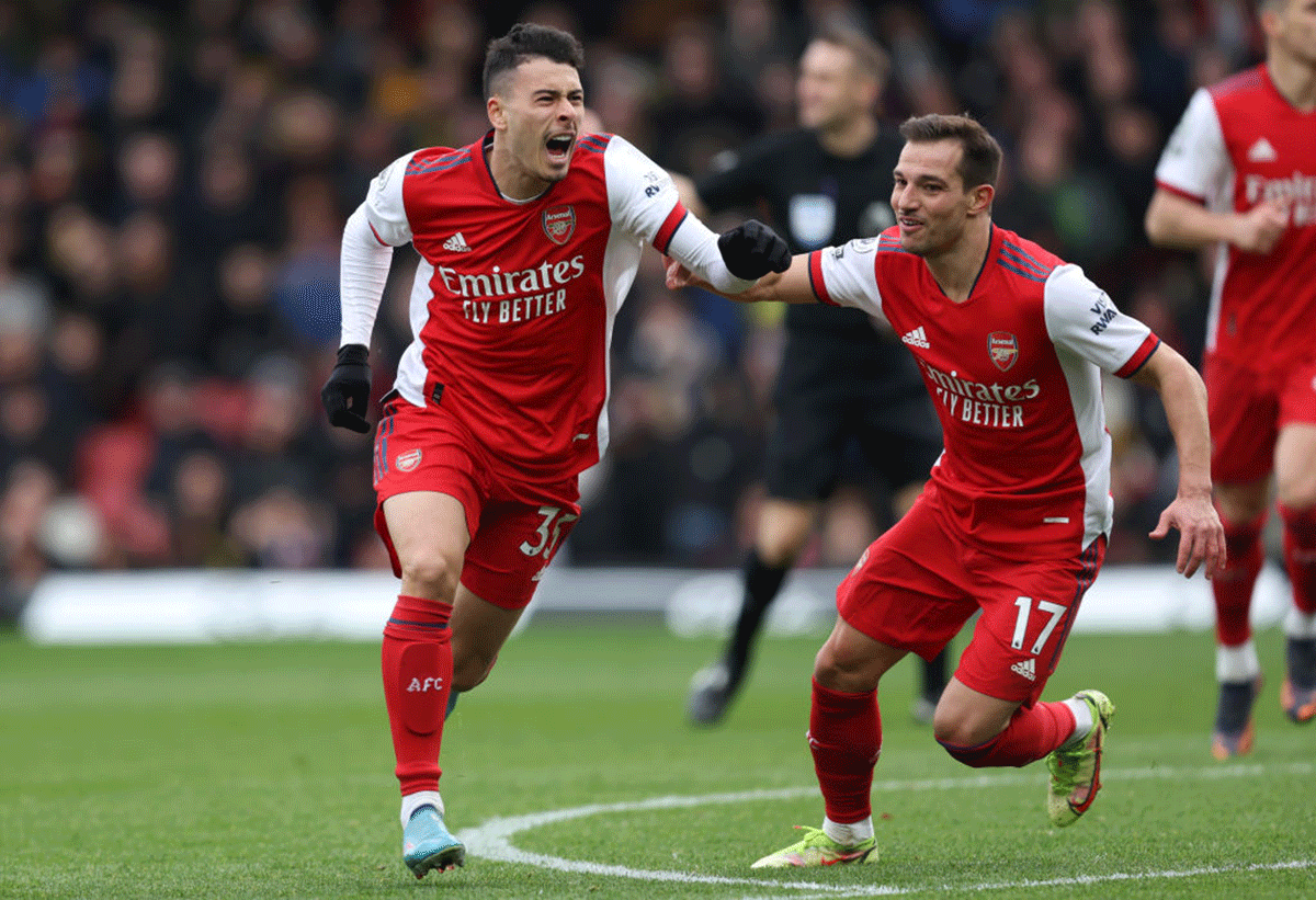 Arsenal's Gabriel Martinelli celebrates after scoring their side's third goal against Watford at Vicarage Road in Watford 