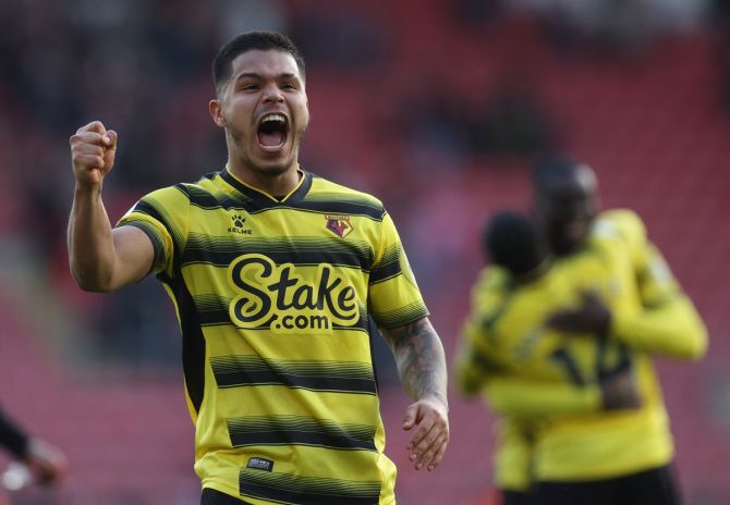 Watford's Cucho Hernandez celebrates after victory over Southampton, at St Mary's Stadium, Southampton.