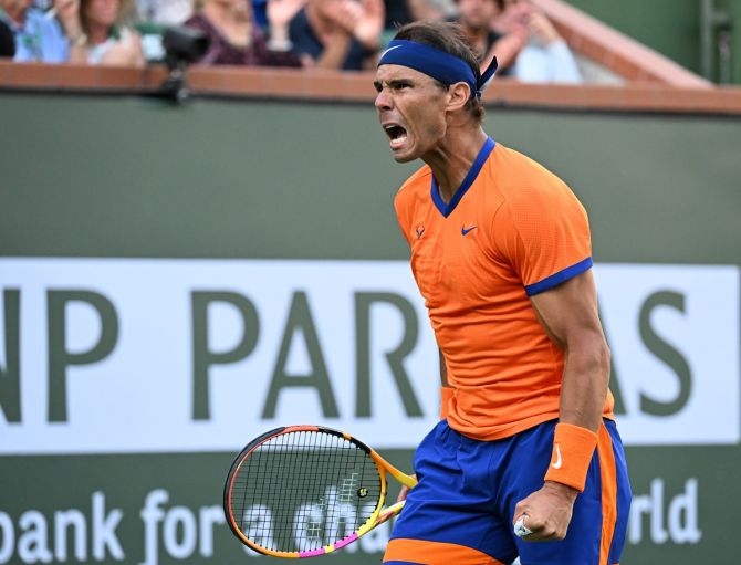 Spain's Rafael Nadal celebrates after winning a point during his quarter-final against Australia's Nick Kyrgios in the BNP Paribas Open, at the Indian Wells Tennis Garden, on Thursday.