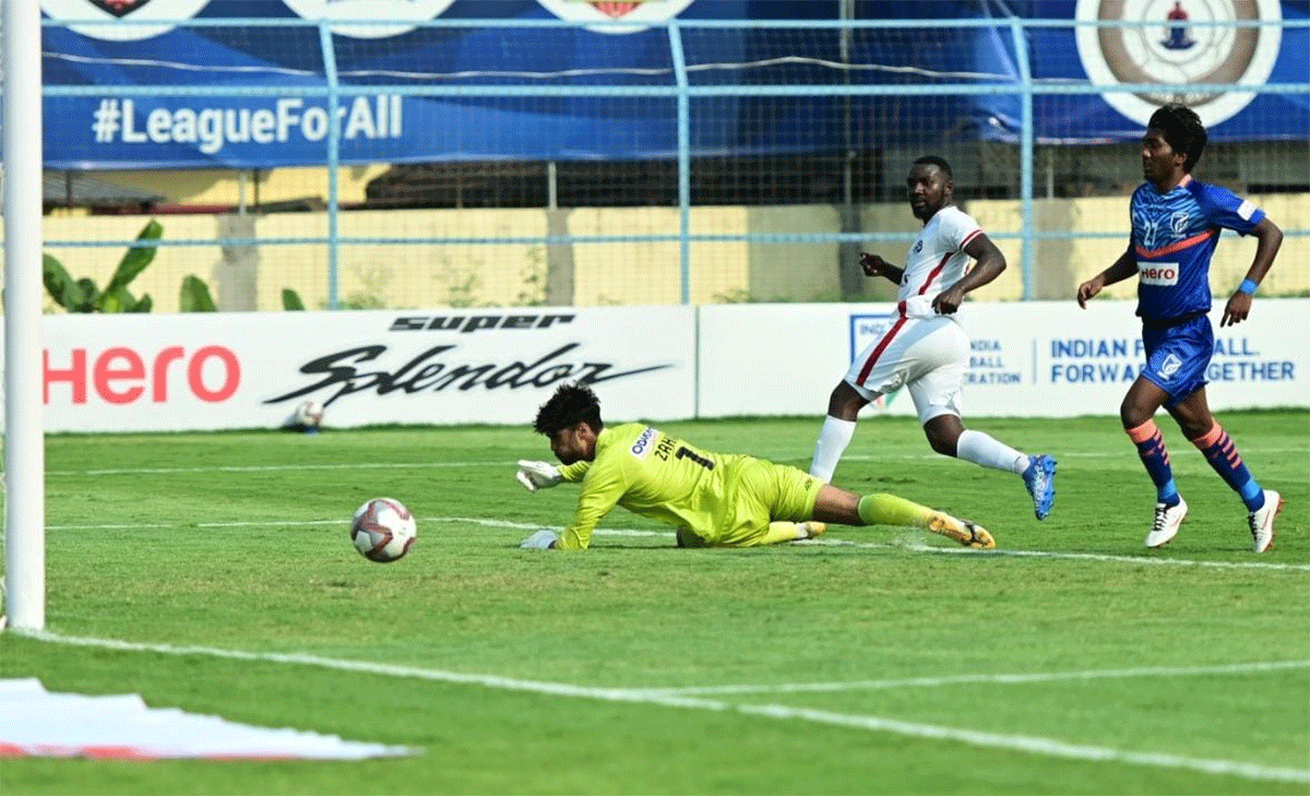 Aizawl FC's Dipanda Dicka scores the second goal against Indian Arrows on Sunday