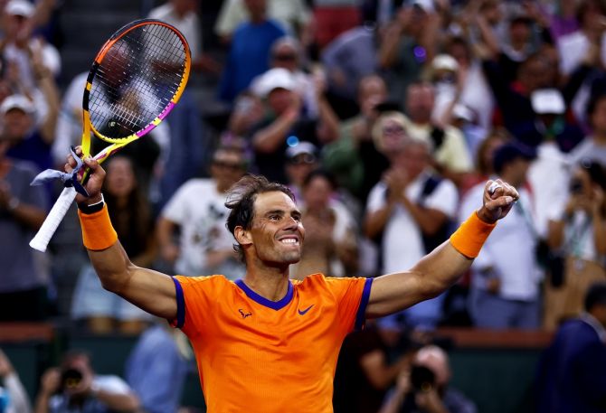 Rafael Nadal  celebrates after beating Carlos Alcaraz in the semi-finals of the BNP Paribas Open, at the Indian Wells Tennis Garden, California, on Saturday.