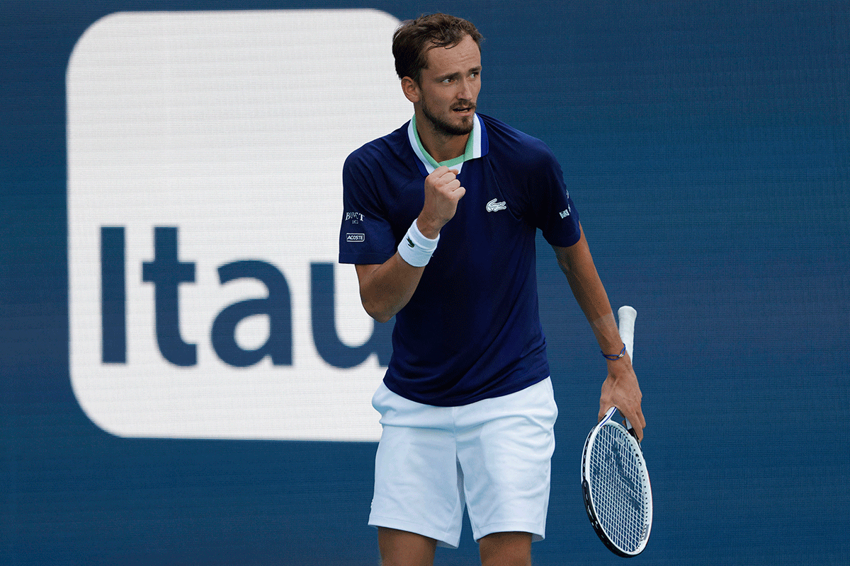 Daniil Medvedev reacts after winning a point against American Jenson Brooksby in a fourth round men's singles match in the Miami Open at Hard Rock Stadium in Miami Gardens in Miami, Florida, on Tuesday