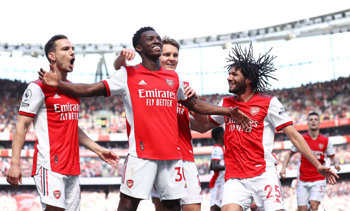 Arsenal's Eddie Nketiah celebrates with teammates on scoring the second goal against Leeds United at Emirates Stadium in London, England.