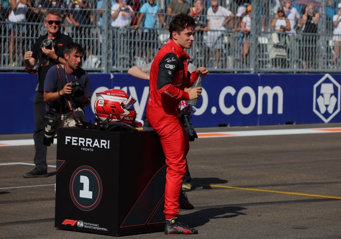 Ferrari's Charles Leclerc celebrates after qualifying in pole position for the inaugural Miami Grand Prix at Miami International Autodrome, in Florida, on Saturday.