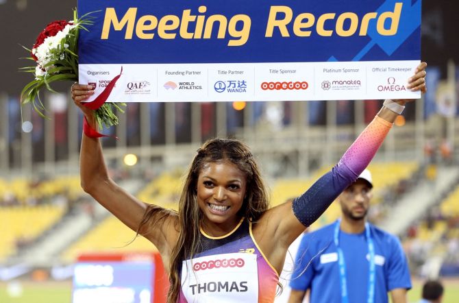 Gabrielle Thomas of the United States celebrates winning the women's 200m and setting a new record during the Diamond League meet at Suhaim bin Hamad Stadium, in Doha, Qatar, on Friday night.