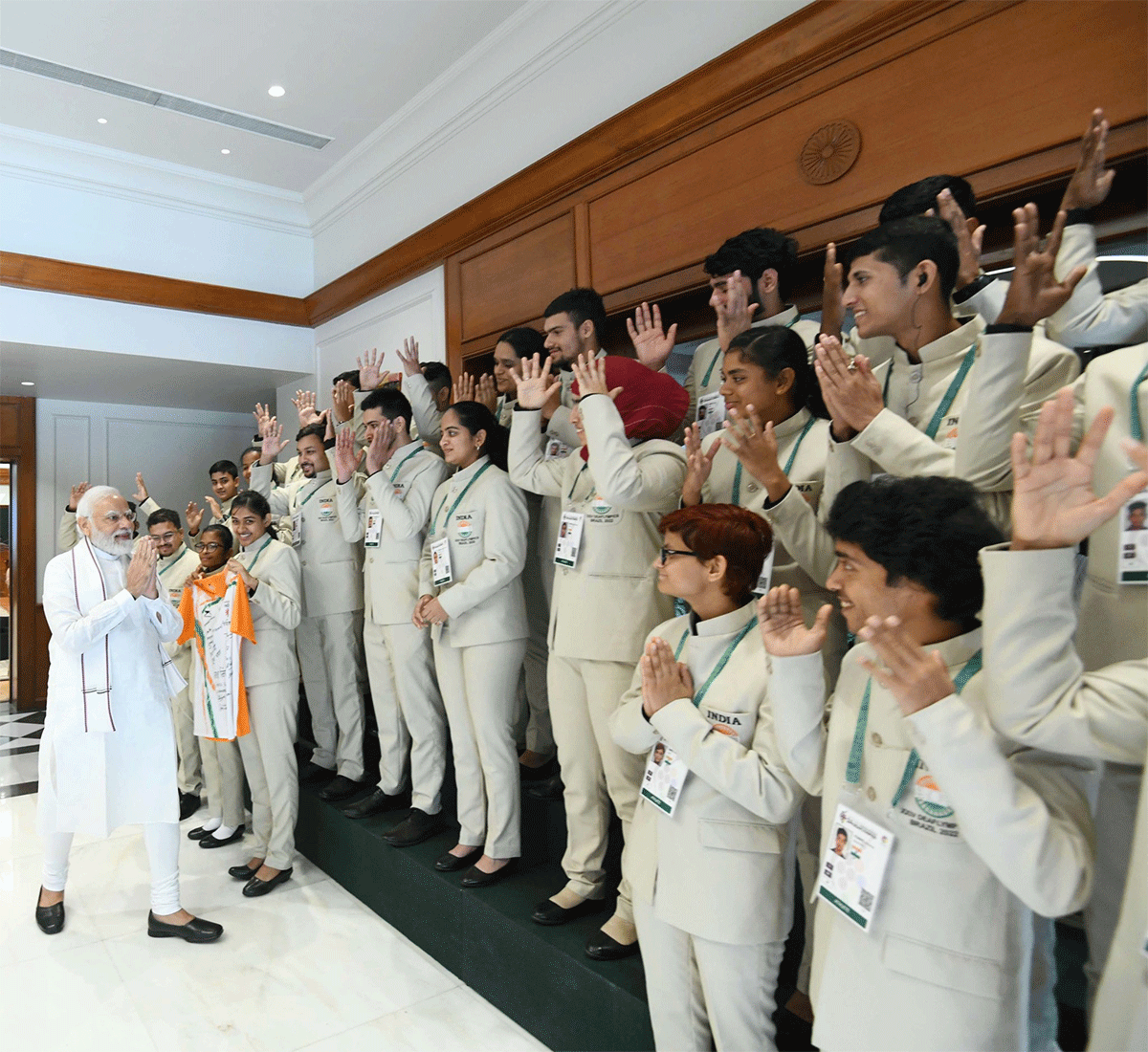 Prime Minister Narendra Modi meets the Deaflympics contingent at his official residence on Saturday