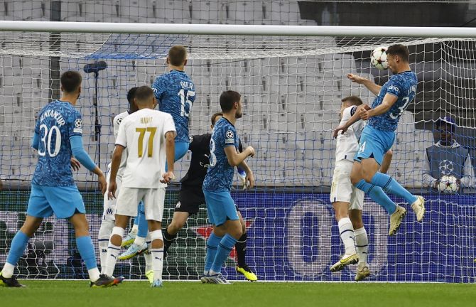 Clement Lenglet scores Tottenham Hotspur's first goal during the Champions League Group D match against Olympique de Marseille, at Orange Velodrome, Marseille, France.