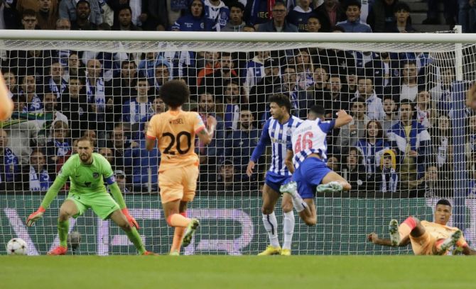 Stephen Eustaquio scores FC Porto's second goal during the Champions League Group B match against Atletico Madrid, at Estadio do Dragao, Porto, Portugal.