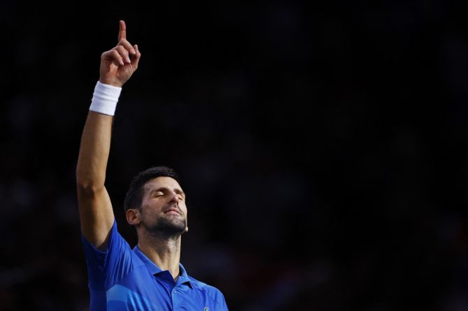 Serbia's Novak Djokovic celebrates victory over Greece's Stefanos Tsitsipas in the semi-finals of the Paris Masters, at Accor Arena, Paris, on Saturday.