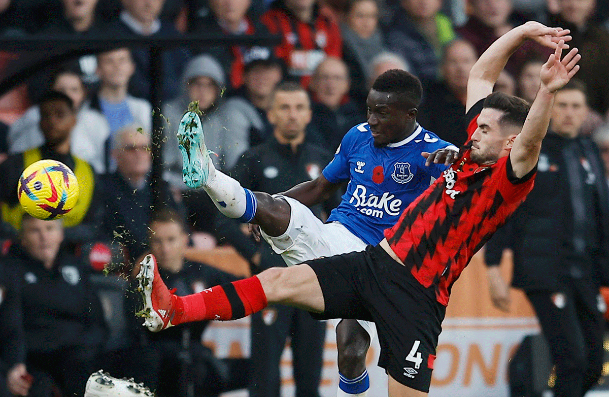 Everton's Idrissa Gueye and AFC Bournemouth's Lewis Cook vie for possession during their match at Vitality Stadium, Bournemouth.