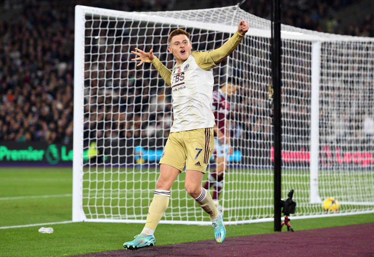 Leicester City's Harvey Barnes  celebrates after scoring their second goal against West Ham United at London Stadium in London.