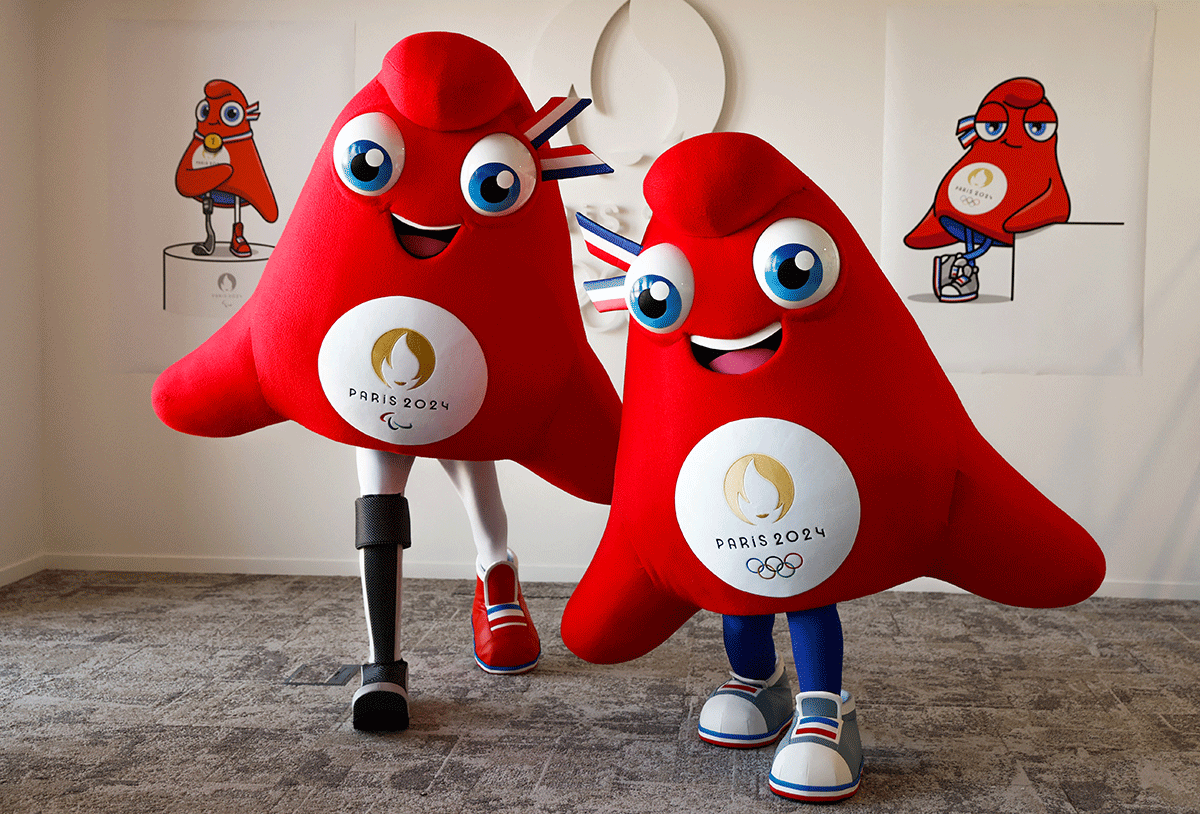 The official mascots of the Paris 2024 Olympic and Paralympic games, the Phryges are unveiled at the Olympic Committee Head Quarters in Saint-Denis, France on November 11, 2022