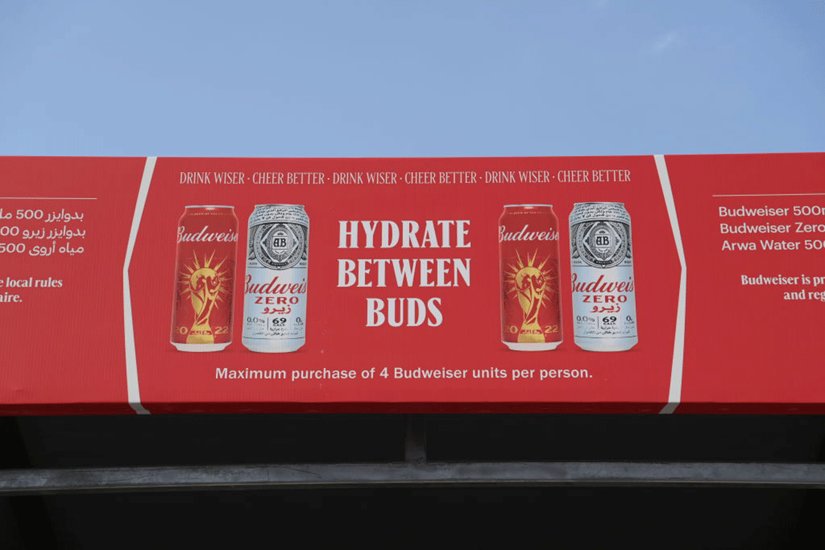 A sign over a Budweiser beer stand at Fan Festival ahead of the FIFA World Cup Qatar 2022 at Fan Festival Al Bidda Park in Doha, Qatar. Budweiser, a major World Cup sponsor, owned by beer maker AB InBev, was to exclusively sell alcoholic beer within the ticketed perimeter surrounding each of the eight stadiums three hours before and one hour after each game.