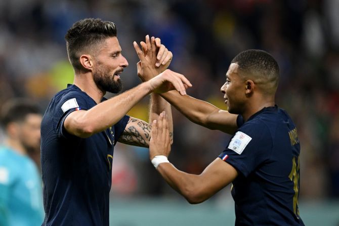 Olivier Giroud celebrates with Kylian Mbappe after scoring France's fourth goal during the FIFA World Cup Group D match against Australia, at Al Janoub Stadium, Al Wakrah, Qatar, on Tuesday. 
