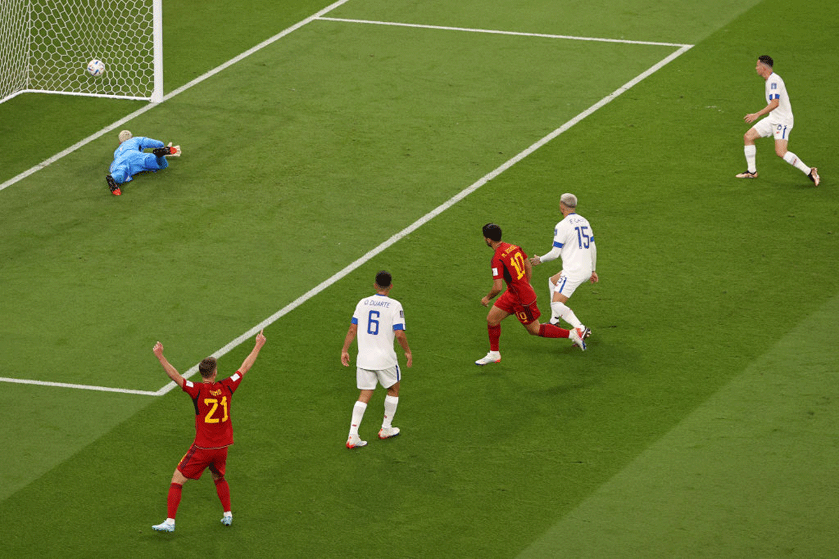 Spain's Marco Asensio scores their team's second goal