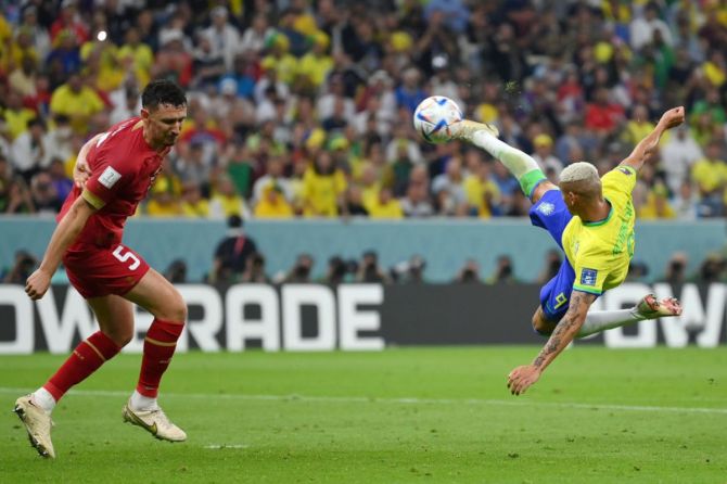 Brazil's Richarlison scores the team's second goal
