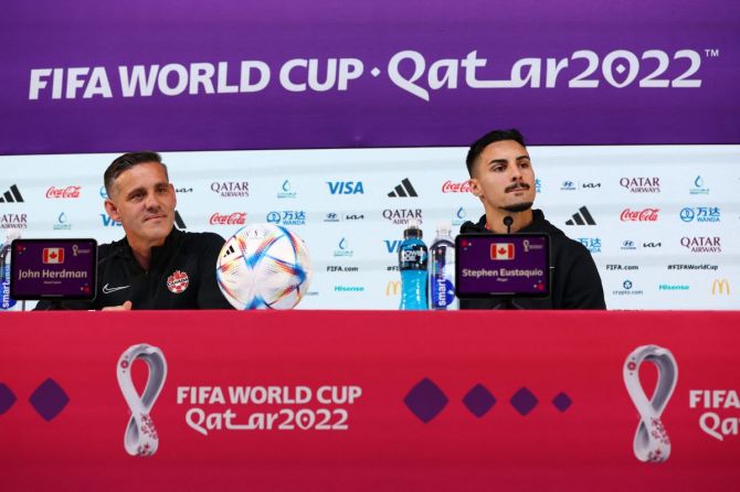 Canada coach John Herdman and Stephen Eustaquio during the press conference.