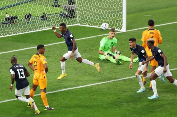 Ecuador's Pervis Estupinan celebrates a goal that was ruled offside