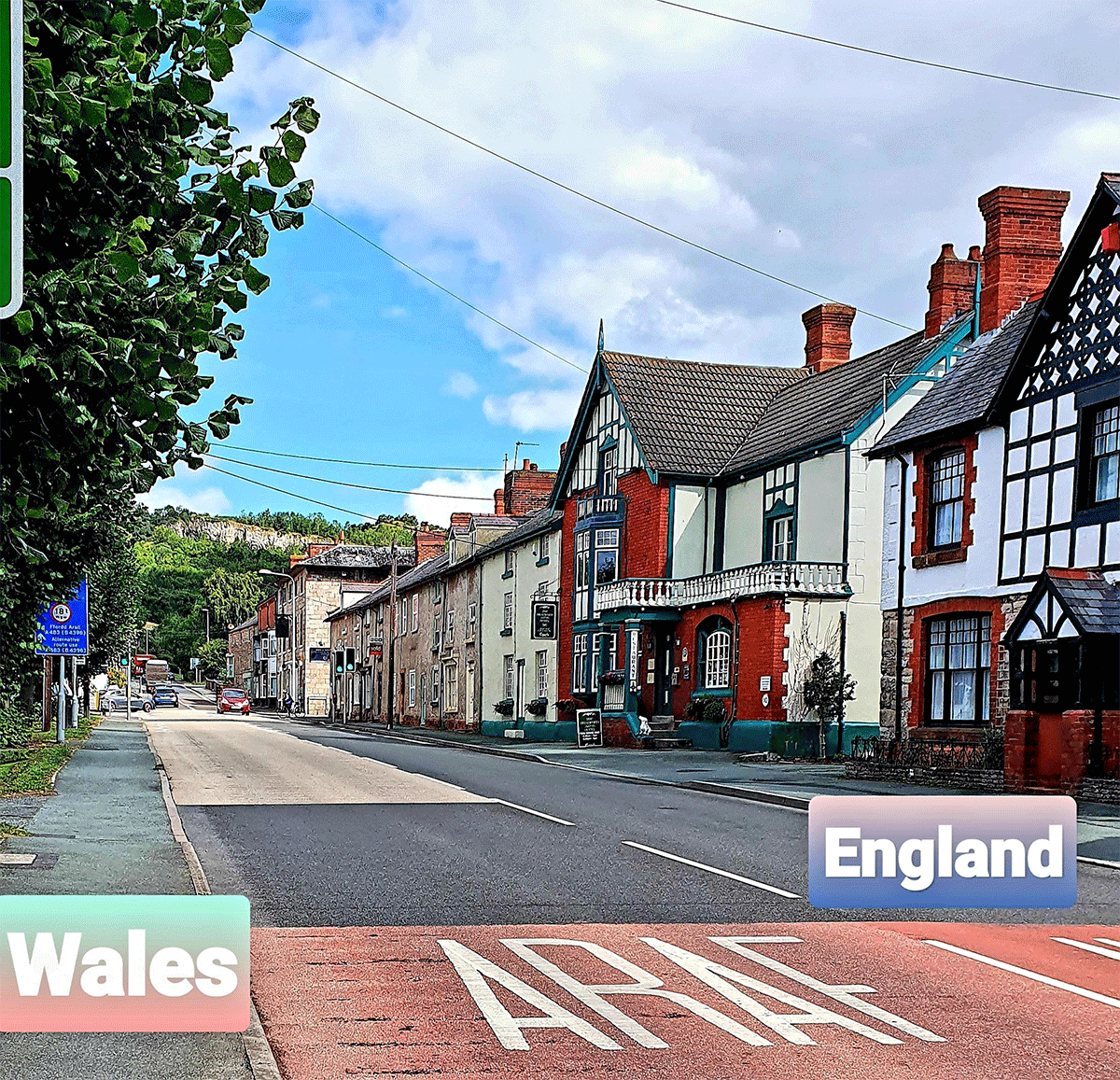 The Cross Keys pub sits on the English side of the road passing through the centre of the village, while on the opposite side is The Dolphin, from which point on everything is Welsh.