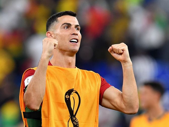 Cristiano Ronaldo celebrates after Portugal's victory over Ghana in the FI FA World Cup Group H match at Stadium 974, Doha, Qatar, on Thursday.