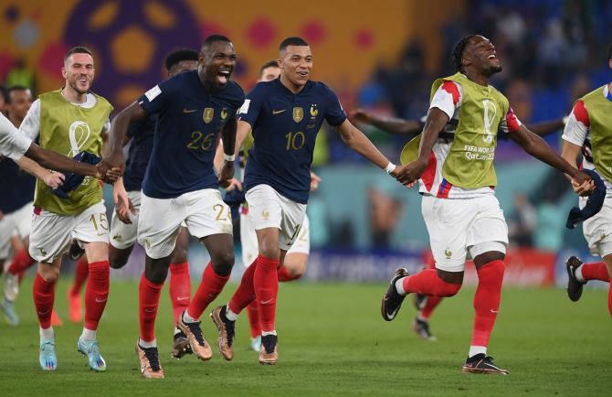 France striker Kylian Mbappe (10) celebrates with team mates after the FIFA World Cup Qatar 2022 Group D match against Denmark