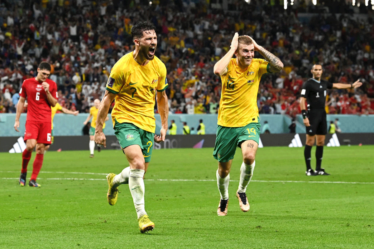 Australia's Mathew Leckie celebrates after scoring