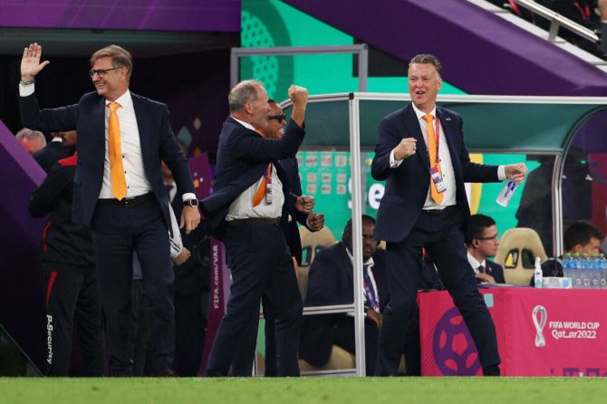 Louis van Gaal, Head Coach of Netherlands, celebrates after his side's victory.