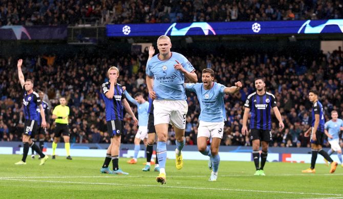 Erling Braut Haaland celebrates scoring Manchester City's second goal in the UEFA Champions League Group G match against FC Copenhagen at Etihad Stadium, Manchester, on Wednesday.