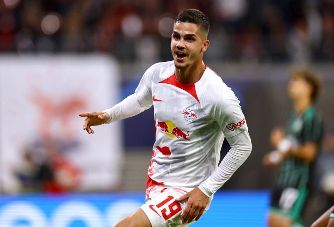 Andre Silva celebrates scoring RB Leipzig's third goal in the Champions League Group F match against Celtic at Red Bull Arena, Leipzig, Germany.