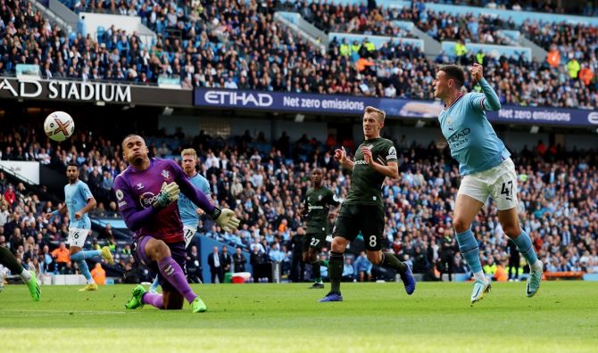 Phil Foden scores Manchester City's second goal.