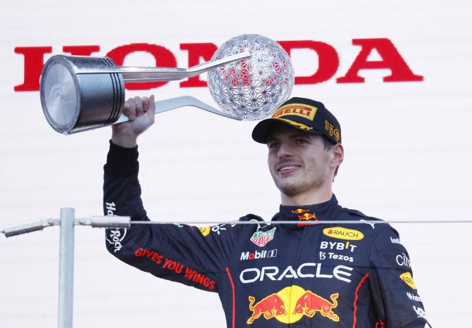 Red Bull's Max Verstappen celebrates winning the  F1 Japanese Grand Prix at Suzuka Circuit, Suzuka, on Sunday.