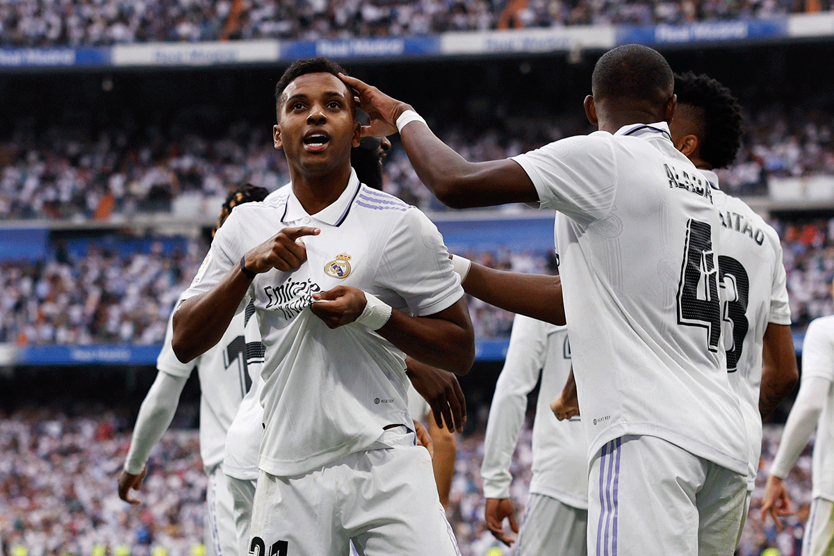 Real Madrid's Rodrygo celebrates on netting their third goal 