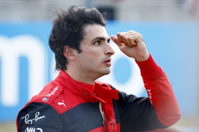 Ferrari's Carlos Sainz reacts in parc ferme during qualifying for the F1 Grand Prix of USA at Circuit of The Americas, in Austin, Texas, on Saturday.