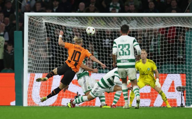 Mykhailo Mudryk fires the ball to the roof of the net to earn Shakhtar Donetsk's a draw against Celtic in the Champions League Group F match against Shakhtar Donetsk, at Celtic Park, Glasgow.