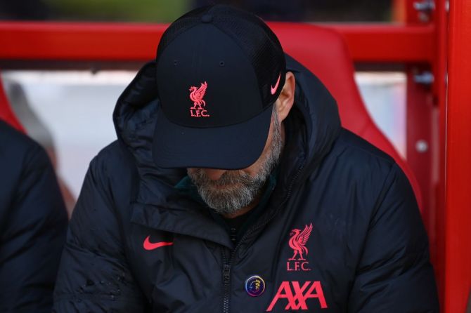 Juergen Klopp, Manager of Liverpool looks dejected