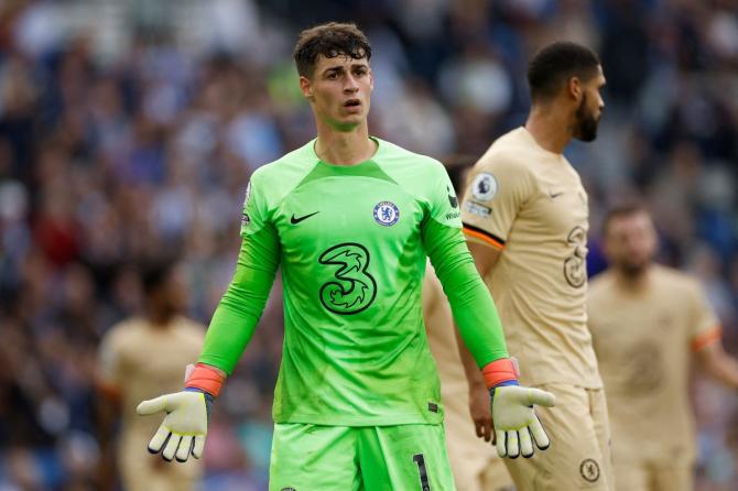 Chelsea's goalkeeper Kepa Arrizabalaga reacts after conceding the team's third goal 