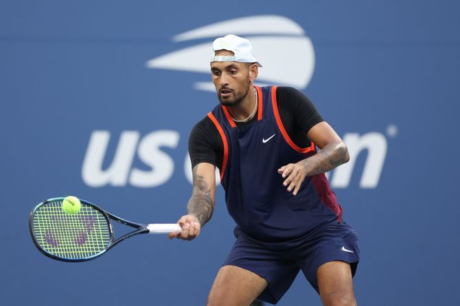 Nick Kyrgios plays a forehand against France's Benjamin Bonzi in their men's singles second round match at the US Open on Wednesday.