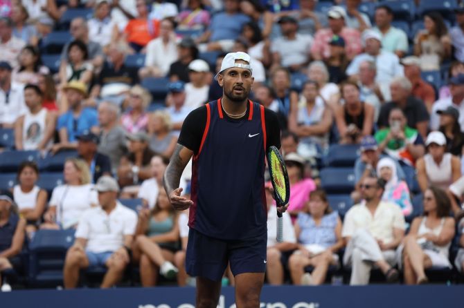 Nick Kyrgios reacts after losing a point to France's Benjamin Bonzi during their men's singles second round match at the US Open on Wednesday.