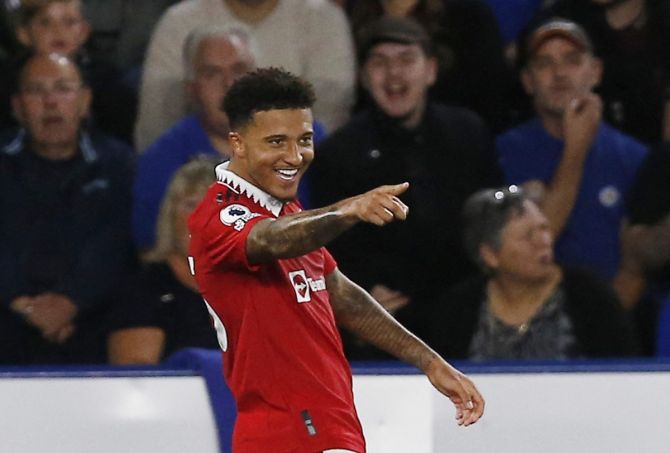 Jadon Sancho celebrates putting Manchester United ahead in the Premier League match against Leicester City, at King Power Stadium, Leicester, on Thursday.