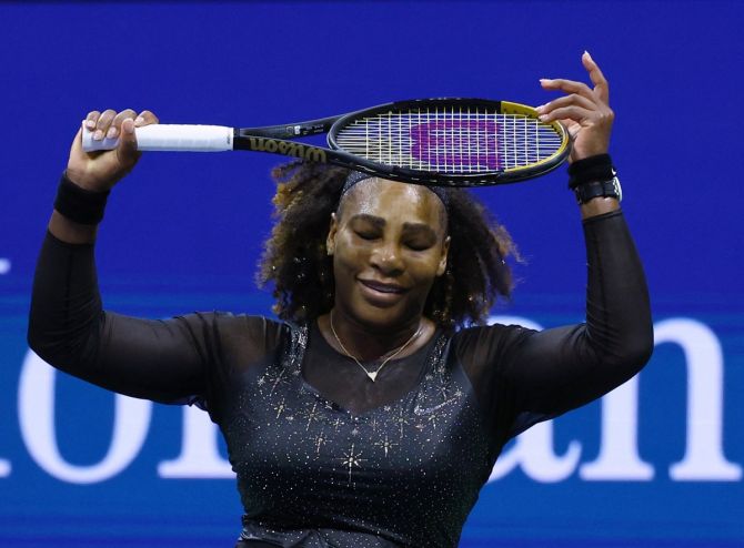 Serena Williams reacts after winning the second set