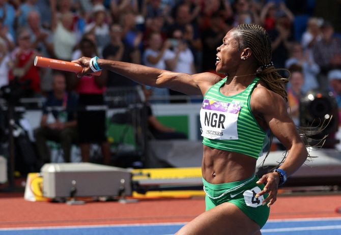 Nzubechi Grace Nwokocha celebrates after Nigeria win gold in the Commonwealth Games women's 4 x 100m Relay final, at Alexander Stadium, Birmingham, on August 7, 2022.