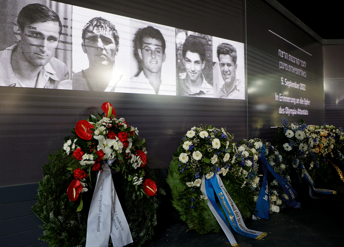 Wreath are placed during a ceremony, commemorating the 50th anniversary of the attack on the Israeli team at the 1972 Munich Olympics in which eleven Israelis, a German policeman and five of the Palestinian gunmen died takes place near the Olympic village in Munich, Germany, on Monday, September 5, 2022. 