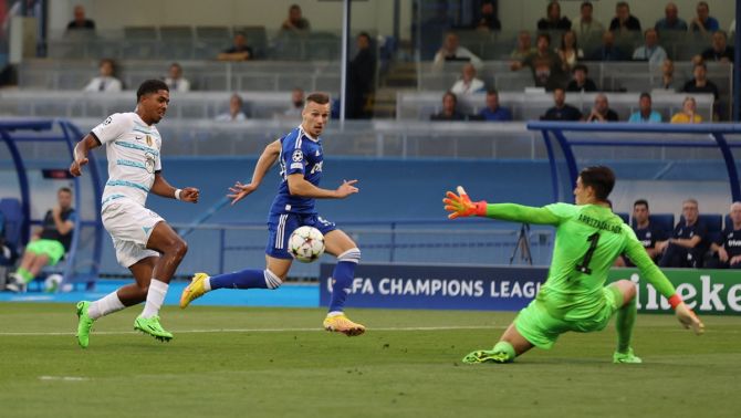 Mislav Orsic scores to put Dinamo Zagreb ahead in the Champions League Group E match against Chelsea, at Maksimir, Zagreb, Croatia.