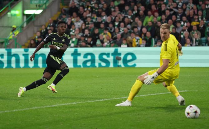 Vinicius Junior scores Real Madrid's first goal in the Group H match against Celtic, at Celtic Park, Glasgow, Scotland.