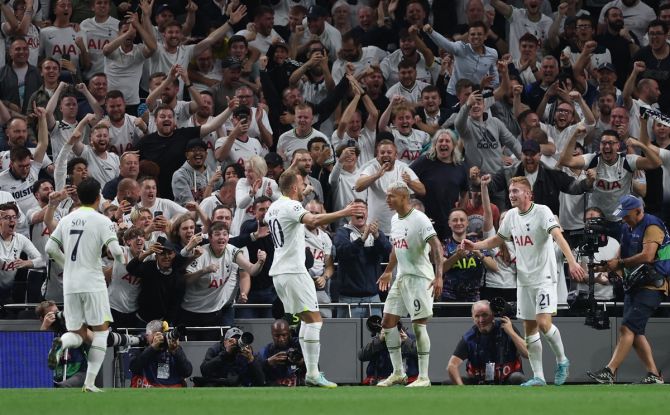 Richarlison celebrates with Harry Kane after scoring Tottenham Hotspur's second goal in the Group D match against Olympique de Marseille, at Tottenham Hotspur Stadium, London.