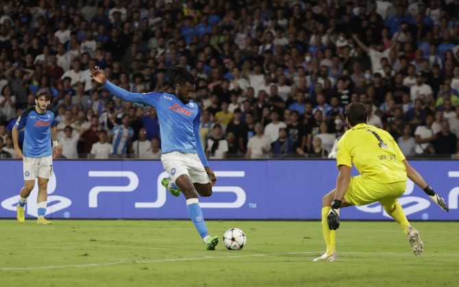 Andre-Frank Zambo Anguissa scores Napoli's second goal in the Group A match against Liverpool, at Stadio Diego Armando Maradona, in Naples, Italy.