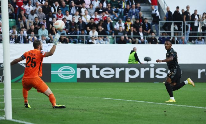 Marquinhos scores Arsenal's first goal in the Group A match against FC Zurich, at Arena St Gallen, St Gallen, Switzerland.