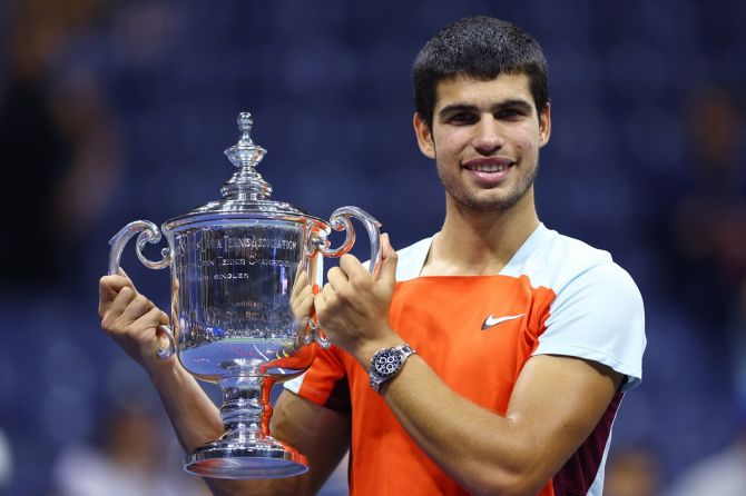 Spain's Carlos Alcaraz celebrates with the championship trophy after defeating Norway's Casper Ruud in the US Open  men’s singles final at Billie Jean King National Tennis Center, New York City, on Sunday.